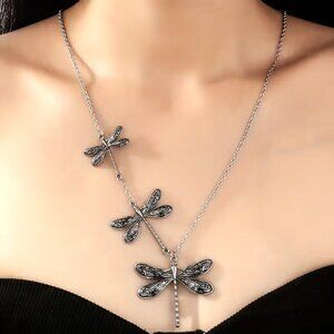 Triple Dragonfly Necklace Trendy Stylish Bug Glam Boho Pendant Large Cute Silver